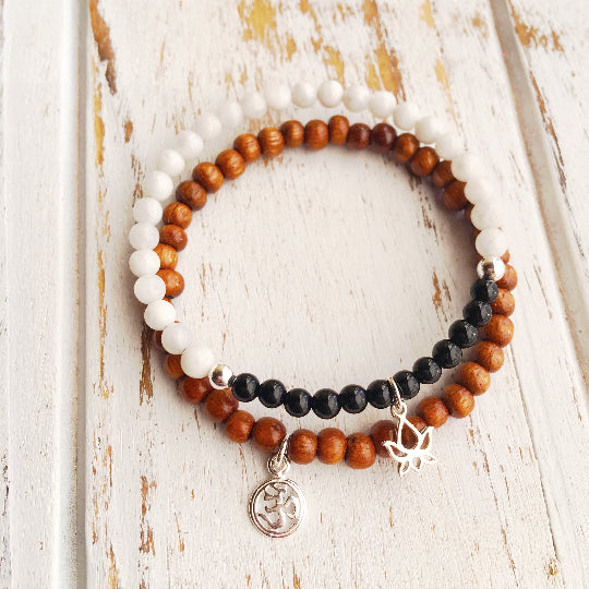 Genuine Moonstone & Black Tourmaline Bracelet Set