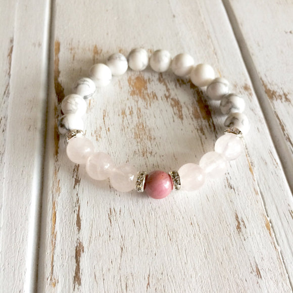 Rhodonite, Rose Quartz & White Howlite Bracelet